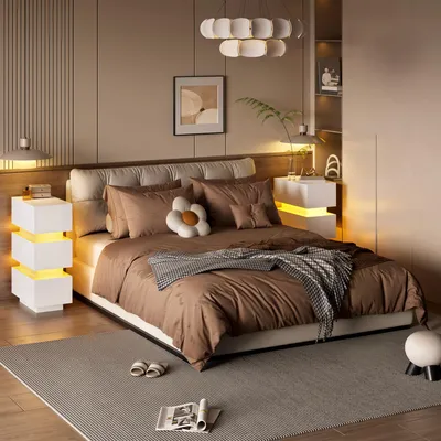 Produktbild von Flieks Nachttisch schmal 2er-Set mit Steckdose & LED-Beleuchtung, Nachtschrank mit 3 Schubladen und viel Stauraum, Nachtkommode, Weiß