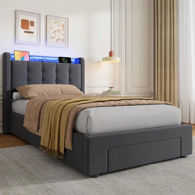 Produktbild von STILVORA Polsterbett 90x190cm Jugendbett Mit USB-Anschluss & LED-Lichtband –Bettgestell mit Schubladen und Steckdosen, Grau, ohne Matratze