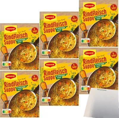 Produktbild von Maggi Rindfleisch Suppe mit Nudeln und Gemüse 6er Pack (6x85g Packung) + usy Block
