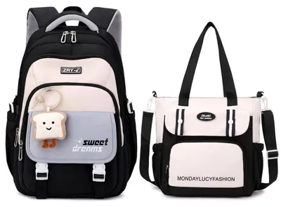 Image de Ensemble de sac à dos pour l'école, pour filles, classes de 3e à 7e, 36 litres, couleur noire, 2 pièces, comprenant un sac à bandoulière