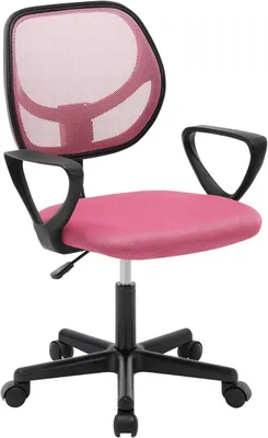 A pink mesh office chair with black accents is shown against a white background.