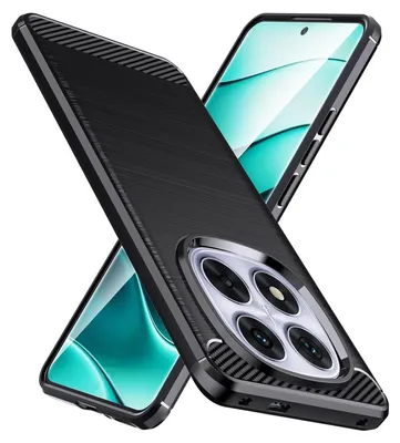 A black carbon-look phone case is shown diagonally against a white background, with a second phone partially visible behind it.