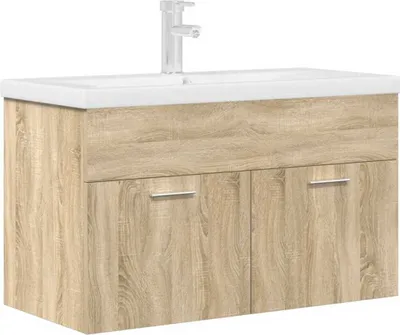 Produktbild von Waschbeckenunterschrank Einbaubecken Wasserhahn Sonoma-Eiche