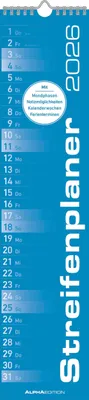 Produktbild von Alpha Edition - Streifenplaner Blau Kalender 2026 - 11,3x49,5 cm - Wandplaner für Haushalt, Büro & Familie - Praktischer Küchenkalender mit neutralem Design -