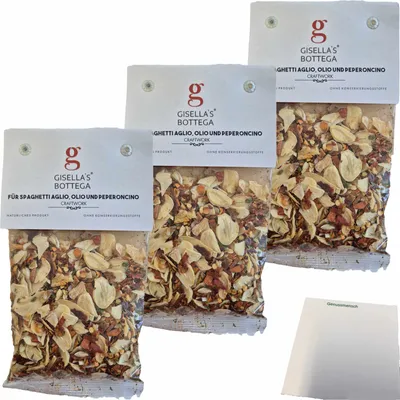 Produktbild von Gisellas Bottega Gewürzmischung für Spaghetti Aglio Olio und Peperoncino 3er Pack (3x50g Packung) + usy Block