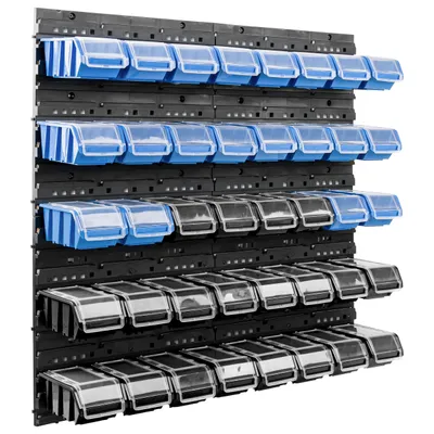 A wall-mounted storage system with multiple bins.