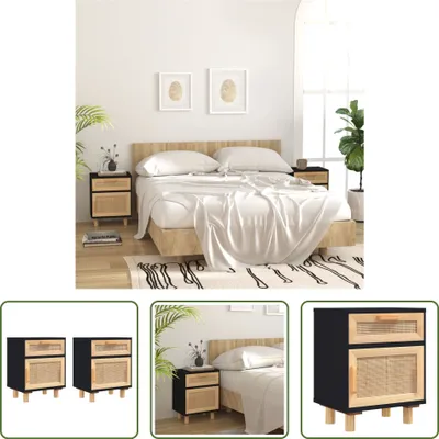 Produktbild von The Living Store Nachttische 2 Stk. Schwarz Massivholz Kiefer und Natur-Rattan