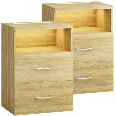 Produktbild von CASARIA® Nachttisch 2er Set Touch LED Beleuchtung 40x28x55cm Holz 2 Schubladen Boxspringbett Schlafzimmer Wohnzimmer Beistelltisch Nachtschrank Eiche