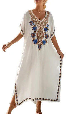 Produktbild von Solidchoice – Bohemianisches V-Ausschnitt-Kaftan, Strandkleid als Überwurf für Badebekleidung, Sommer