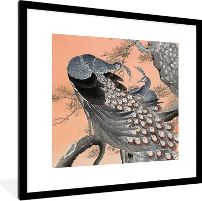 Produktbild von MuchoWow® Gerahmtes Poster Pfau - Vintage - Japanisch - Skandinavisch - Federn 40x40 cm - Poster mit Schwarzem Bilderrahmen Wandposter Rahmen Foto Bilder - Poster - Plakat im Rahmen