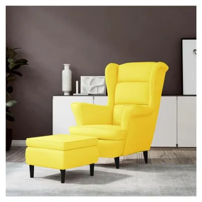 Produktbild von Ohrensessel mit Hocker in Senfgelb aus Samt, Armlehnensessel, Lesesessel, Sessel für das Wohnzimmer, Loungesessel, Relaxsessel, Sessel für das Schlafzimmer