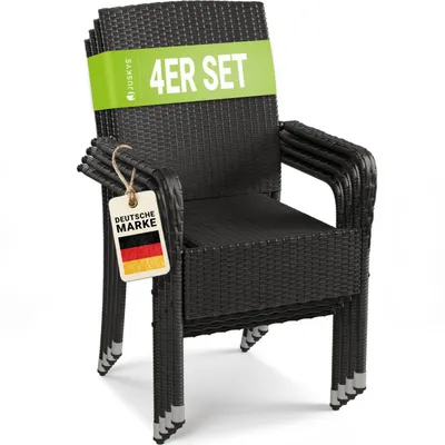 Produktbild von Juskys Polyrattan Gartenstühle Yoro 4er Set - mit Armlehnen & Rückenlehne - 4 Stühle stapelbar - Rattan Stuhl Garten - Stapelstuhl Schwarz