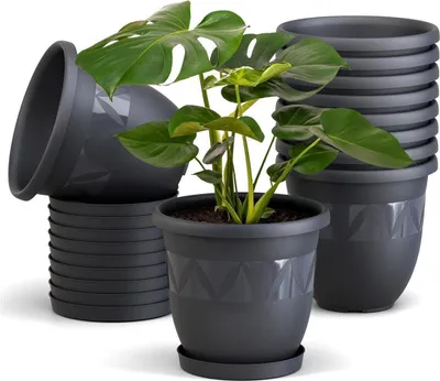 Produktbild von plastard Blumentopf-Set 10er Anthrazit Capri, Ø15cm oben, Ø8cm unten, H13cm, 1L, inkl. Untersetzer Ø12cm, recycelt, für Innen & Außen