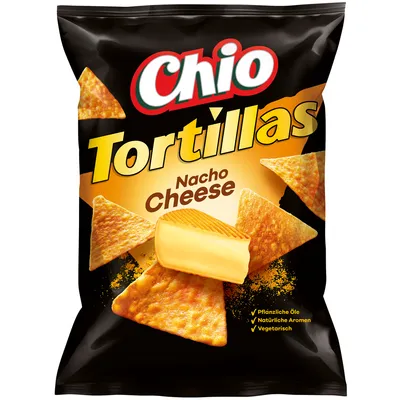 Verpackungsbild Chio Tortillas Chips Nacho Cheese vegetarisch Chipstüte 110g