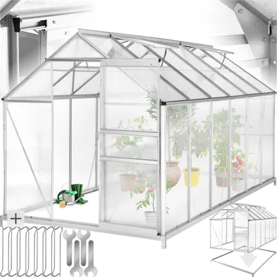 A greenhouse with plants inside, shown from the front with an open door. Tools and a small diagram of the greenhouse are also visible.