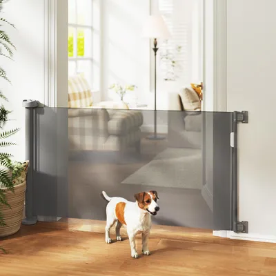 Produktbild von Treppenschutzgitter ausziehbar ohne Schwelle, Türschutzgitter Netz Kunststoff Aluminium, Grau | 0–136 cm breit | 87 cm hoch | 1,58 kg