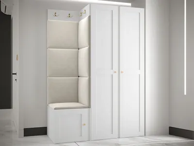 Produktbild von MIRJAN24 Garderoben-Set Orion Ramiro XXIII, Kleiderschrank, Schuhschrank, Kleiderhakenbrett, 7x Paneel 42x42, 8 Kleiderhaken, Metallgriffe (Farbe: Weiß, Manila 02)