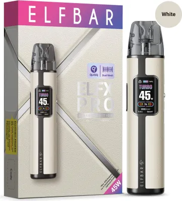 A product shot of an ELFBAR ELFX Pro Kit in white, shown both in its packaging and as a standalone product.