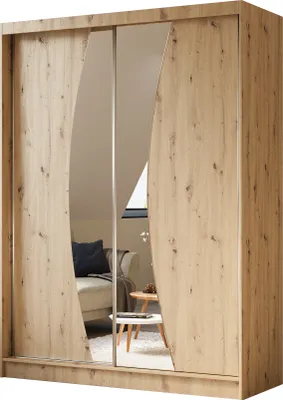 Produktbild von ALTDECOR Kleiderschrank mit Spiegel und Schiebetüren VOXI, kugelgelagerte Führungsschienen und Aluminium-Leisten 160 cm Eiche Artisan