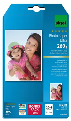 Produktbild von SIGEL IP606 Inkjet Fotopapier Ultra, hochglänzend, 260 g/m², 10x15 cm, 24 Blatt
