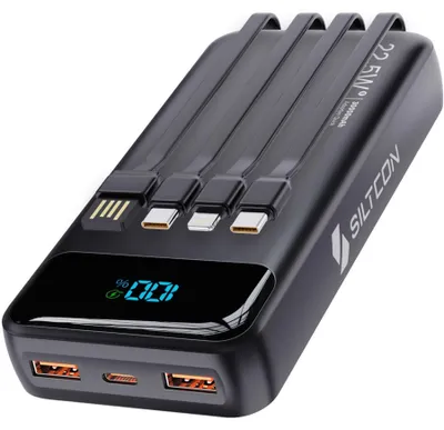Produktbild von Siltcon® Powerbank 30000mAh – 22,5W Schnellladen – USB-C/USB-A – LED-Anzeige – Notfallset – 3 Ports – 4 Kabel – Schwarz