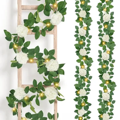 Produktbild von Blumengirlande künstlich mit Beleuchtung 2x2m Rosengirlande für Hochzeit Frühlingsdeko Weiße Blumen