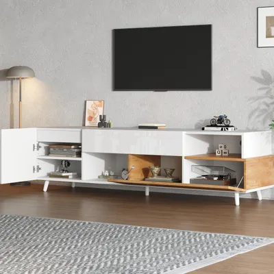 Produktbild von STILVORA TV-Schrank mit Klapptüren,Fernsehschrank mit Schublade und 7 Ablagefächern,TV-Lowboard mit Hochglanz für Fernseher um die 75 Zoll,weiß