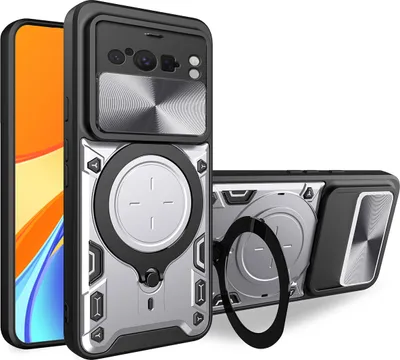 Produktbild von Handyhülle für Google Pixel 8 Pro Dual-Layer Stoßfest Rüstung Hülle mit Dia Kameraschutz und Kreisförmig Ring Ständer Silber