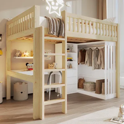 Produktbild von Hochbett Kinderbett 140 x 200 cm mit Schreibtisch, Kleiderschrank, 3 Schubladen, Stauraum, Treppe und Rausfallschutz, Kiefer, MDF, Natur
