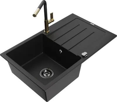 Produktbild von Mexen Bruno 1 Becken-Granitspüle mit Abtropffläche und Mischbatterie Flora, Schwarz - 6513-77-670401-57-B