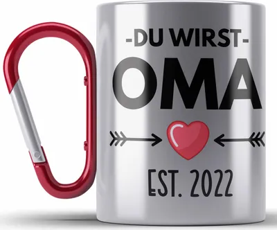 Produktbild von Trendation - Oma Du Wirst Oma 2022 Geschenk Schwangerschaft Verkünden Omi Überraschung Baby Karabiner Edelstahl Tasse Karabiner Edelstahl (Rot)