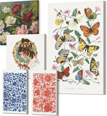 Zdjęcie produktu dla Obrazy Na Płótnie – 5-Częściowy Zestaw – Polycanvas – Nowoczesne Obrazy – Dekoracja Na Ścianę – Do Salonu – Abstrakcyjne Obrazy – 2x 30x30 cm + 2x 20x30 cm + 1x 40x60 cm – Kwiaty motyle vintage dekoracje