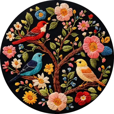 Productafbeelding van Stickset "Vier Vogels, bloemenmotief" – Doe-het-zelf borduurpakket voor beginners