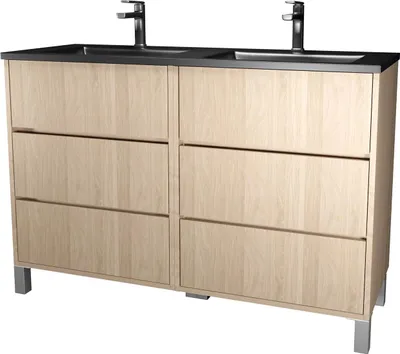 Image de Meuble de salle de bains 120 cm 6 Tiroirs Chêne Clair + Vasque Double Céramique Noire - XENOS