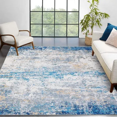 Produktbild von Teppich 160x230 cm, grau blau, maschinenwaschbar, rutschfester Kurzflorteppich für Wohnzimmer