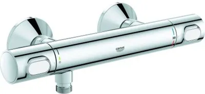 A chrome-finished shower thermostat on a white background.