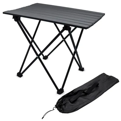 Immagine prodotto di Tavolo pieghevole da campeggio nero con borsa per il trasporto - 56x40 cm - Tavolo da giardino universale con piano avvolgibile - Multiuso per esterni
