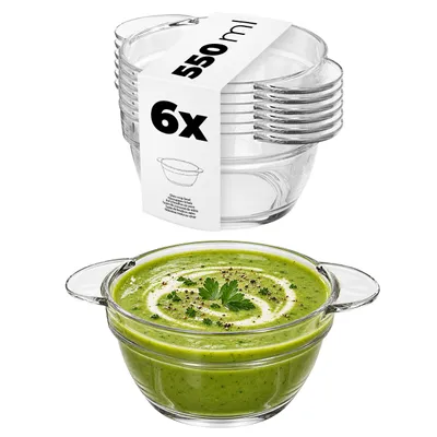 Immagine prodotto di KADAX Ciotola da minestra 550 ml, set da 6 pezzi, ciotola trasparente per minestre, tazza da minestra in vetro, ciotola da minestra, ciotola in vetro con manici, piatto da minestra, lavabile in lavastoviglie
