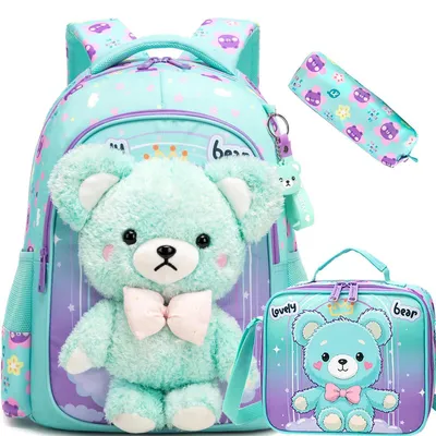Immagine prodotto di Set per zaino scolastico da bambina, verde, con orsetto, composto da 3 pezzi: zaino, astuccio e borsa per il pranzo
