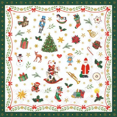 Produktbild von 20 kleine Cocktailservietten Ornaments all over green - Kleine Weihnachtssymbole grün 25x25cm