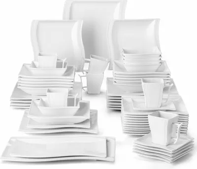 Produktbild von MALACASA, Serie Flora, 56-tlg CremeWeiß Porzellan Geschirrset Kombiservice Tafelservice mit Schalen, Tassen, Untertassen,  Dessertteller, Suppenteller, Speiseteller und Platte
