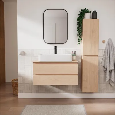 Image de Ensemble meuble simple vasque SORRENTO 80 cm + vasque + robinet + miroir + colonne