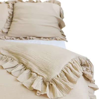 Obrázek produktu pro Sada Povlečení Mušelínové 220X200 Cm + 2 Na Polštáře 70X80 S Volánem Ložnicová Souprava Povlak Na Přikrývku Boho Béžová
