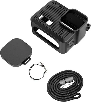 Produktbild von Silikonbeschermhoes für Action-Kamera, mit Objektivhülle, langem Kabel und Kamera-Neckriem, Schwarz, für GoPro Accessory Kit.