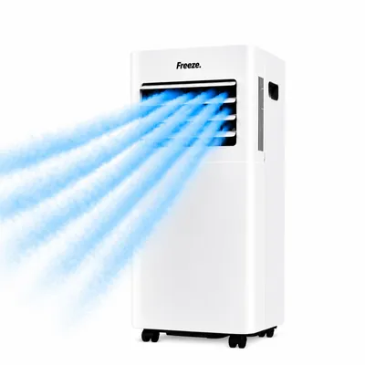 Produktbild von Freeze. seven 7000BTU  Mobile Klimaanlage Weiß – Monoblock-Klimagerät mit LED-Display & Fernbedienung, Timer und Sleep‑Modus, verstellbarer Luftauslass, Kindersicherung, Rollen, inkl. Abluftschlauch & Fensterkit, KI-generiertes Bild