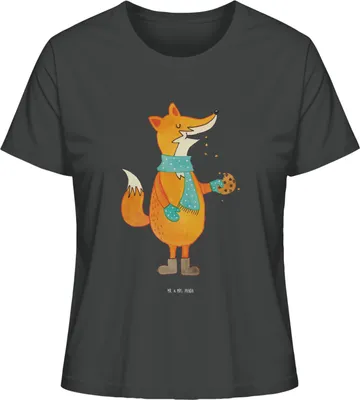 Produktbild von Mr. & Mrs. Panda Damen T-Shirt Fuchs Keks Größe M - Anthrazit - Geschenk, glücklich, Weihnachtlich, Oberteil, Baumwollshirt, Basic Shirt, Frieren, Weihnachten, Liebe