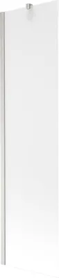 A white shower door with a silver frame is shown against a white background.