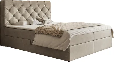 Produktbild von Boxspringbett mit Topper 180x200 Polo - Doppelbett mit Bonell-Matratze & Zwei Bettkästen - Chesterfield Design, Glamour, Polsterbett mit Kristallen - Samtstoff (Beige - Jasmine 24)