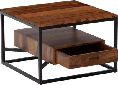 Couchtisch 60x60x40cm Sheesham Massivholz Metall mit ausziehbarer Schublade in Gesamtansicht von vorne.