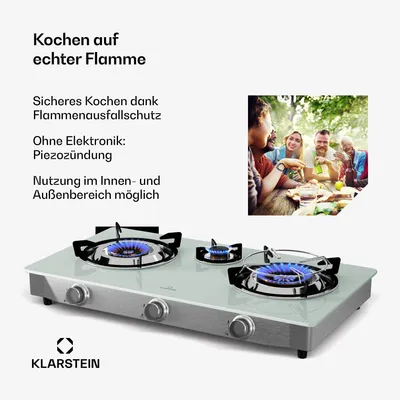 Produktbild von Klarstein Barzona Gaskochfeld, 3-Brenner Edelstahl & Glas, 8,45kW, Tragbarer Campingkocher mit Piezo-Zündung & Flammenausfallsicherung, Komplettset mit Schlauch & Regler